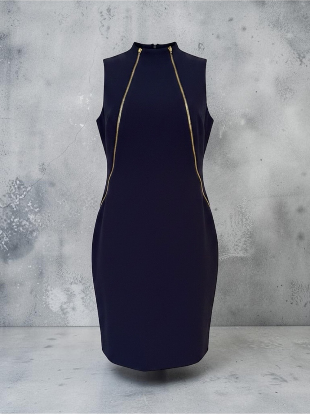 Calvin Klein Sleeveless Sheath Dress Navy Blue Gold Zippers